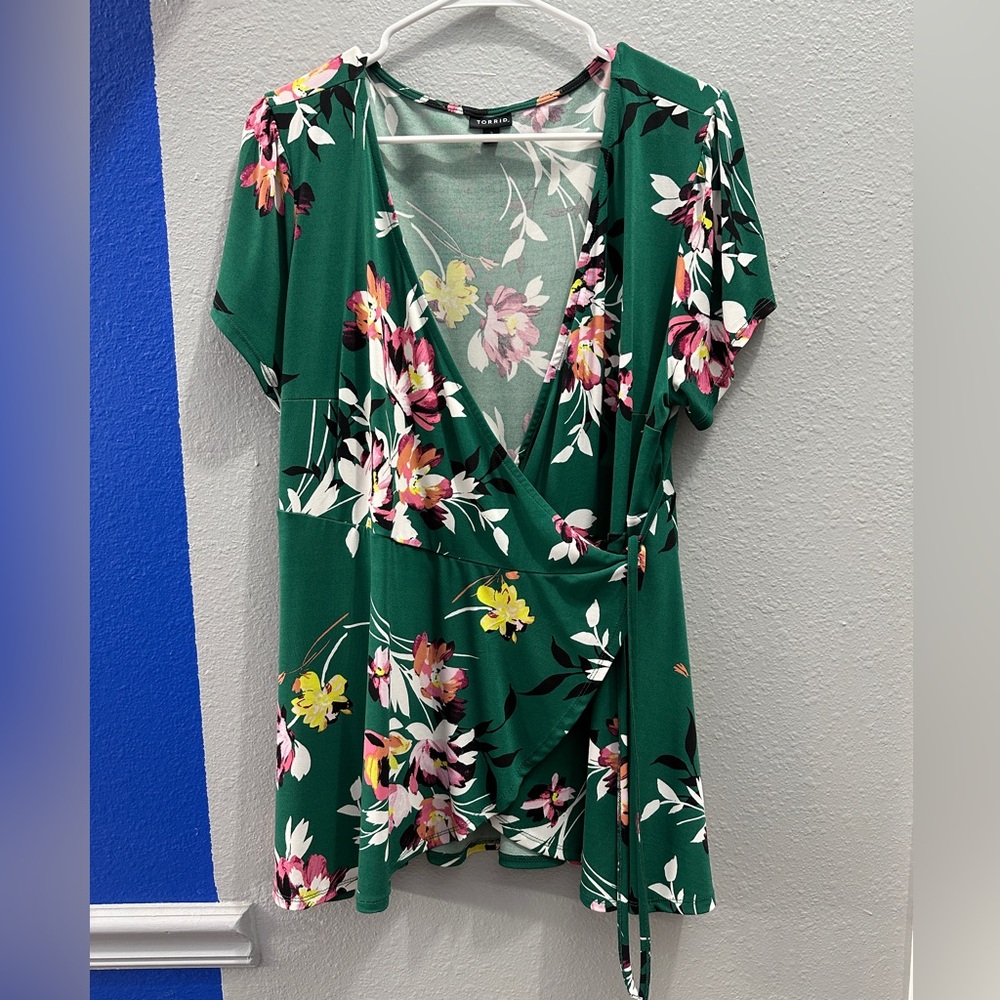 Green Floral Wrap Top by Torrid